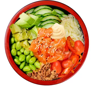 Poké saumon, mangue et edamame
